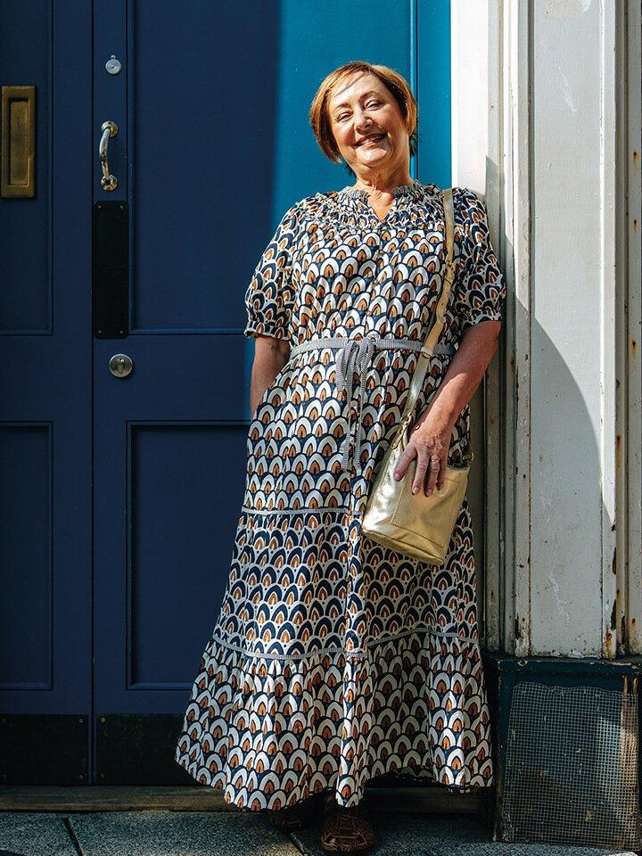 Woman in a printed maxi dress